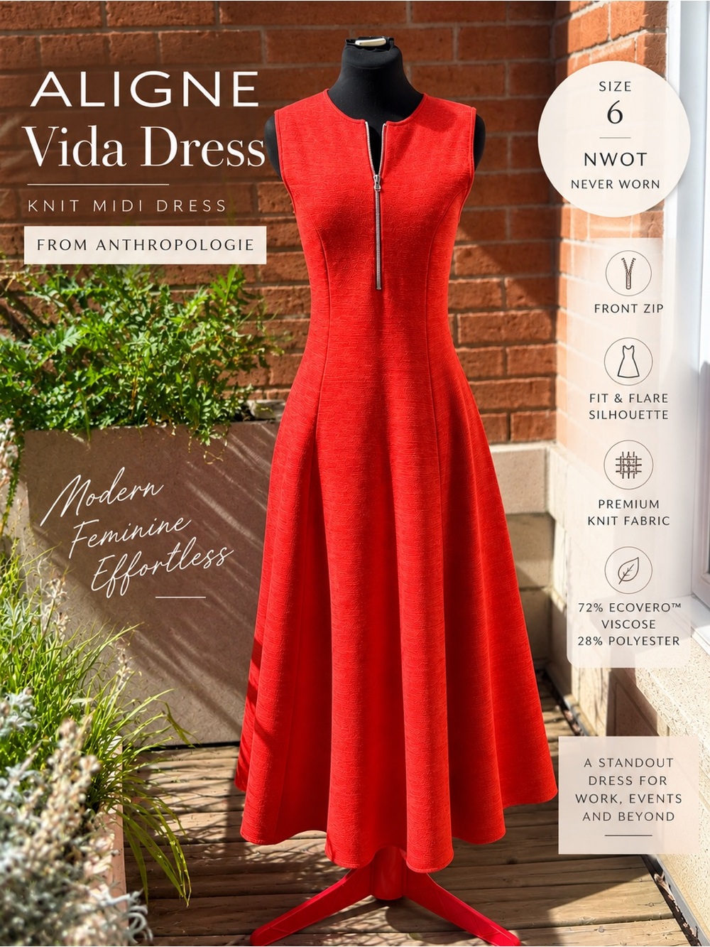 NWOT ALIGNE Vida Sleeveless Knit Midi Dress Red Orange Size 6